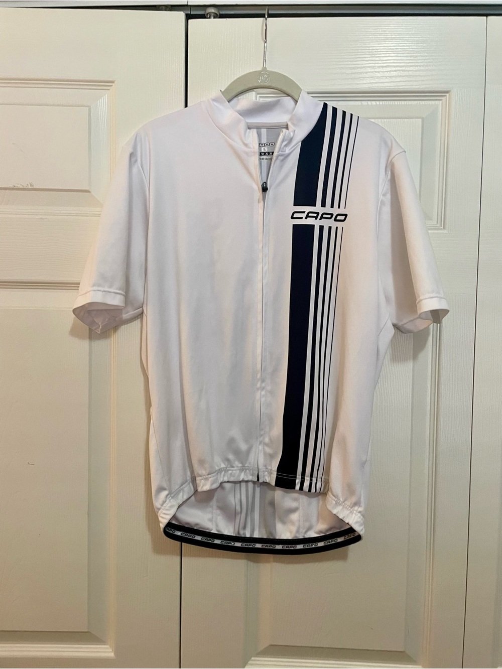 Capo Men’s White Cycling Jersey with Navy Stripe